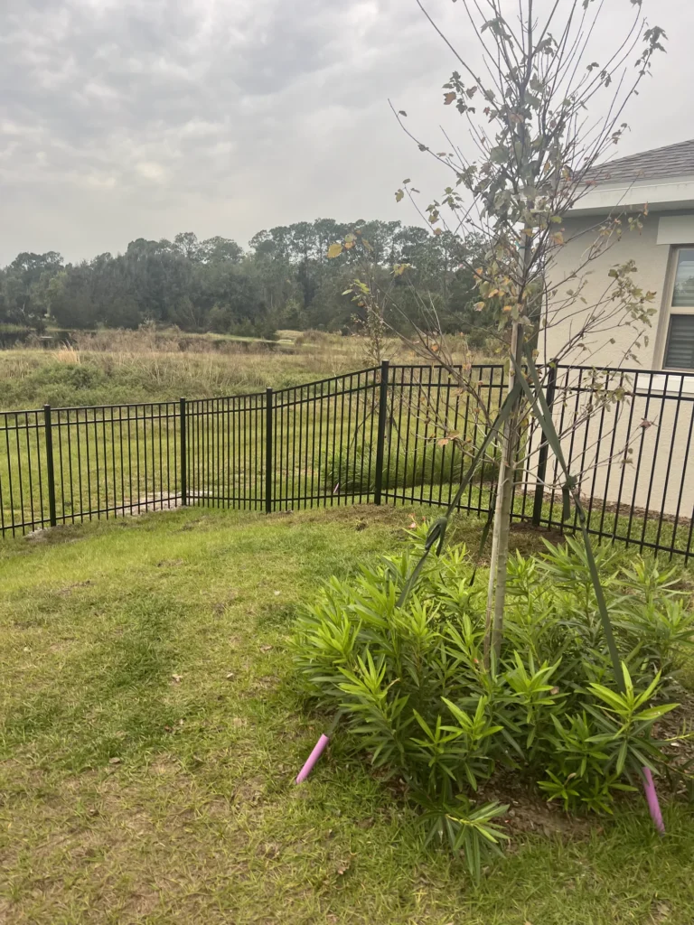 Black aluminum fence line running along a landscaped backyard