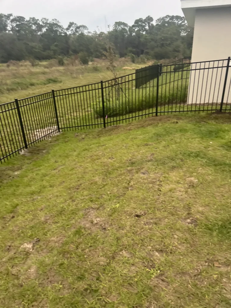 Black aluminum fence following the slope of a backyard beside a retention area